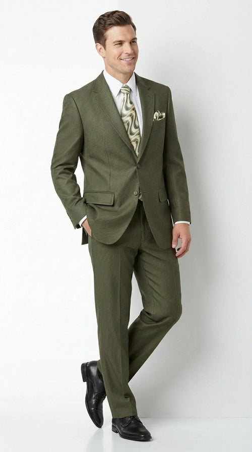 Men’s Olive Green Tuxedo With Trim Collar – Formal Wedding, Prom Suit Modern Fit