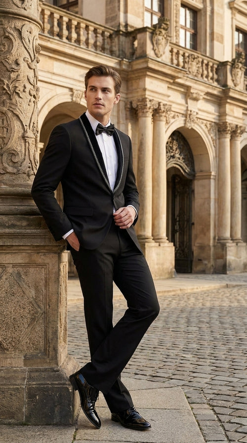 Men’s 1970s Style Black Boot Cut Tuxedo Suit – Shawl Lapel Wedding, Prom and Formal 2-Piece Suit