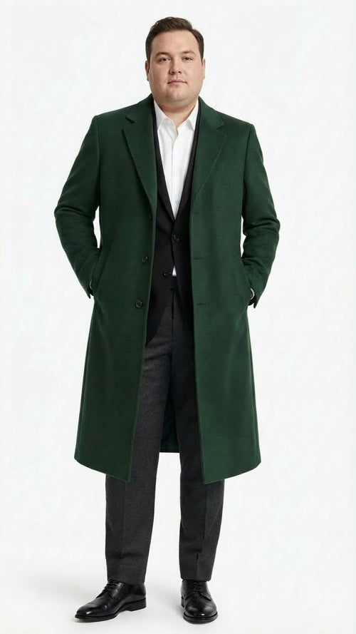 Men’s Hunter Green Full-Length Wool Overcoat – Classic Winter Dress Coat for Formal and Casual Wear Topcoat Mens Wintercoat