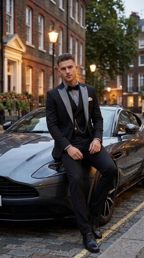 Men’s Black And White Lapel 3 Piece Tuxedo Suit with Silver Gray Satin Lapel | Formal Wedding Prom Suit Set