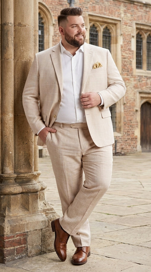 Men’s Big and Tall Beige Linen Suit – Summer Wedding and Formal 2-Piece Suit