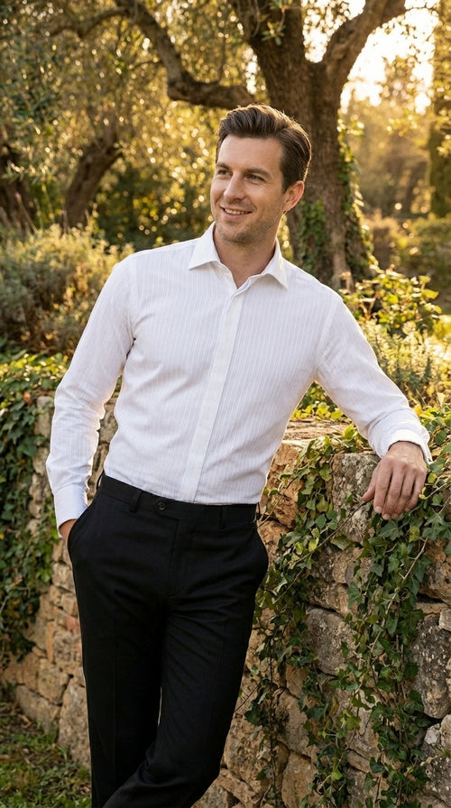 Mens White Herringbone Shadow and Tone on Tone Dress Shirt β Classic Formal Wedding