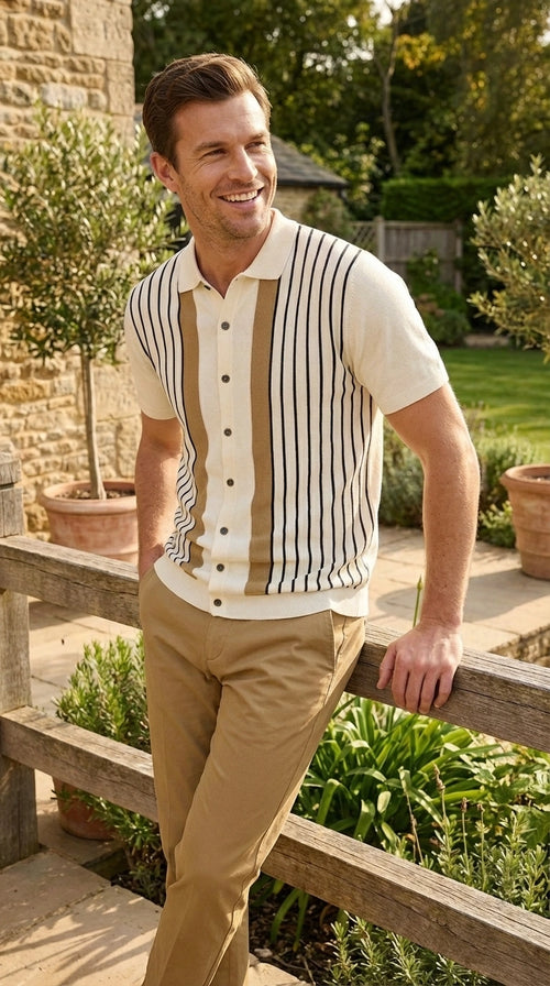 Mens Cream and Tan Striped Walking Suit Set – Casual Summer Short Sleeve Shirt and Pants Outfit for Vacation, Travel and Everyday Wear