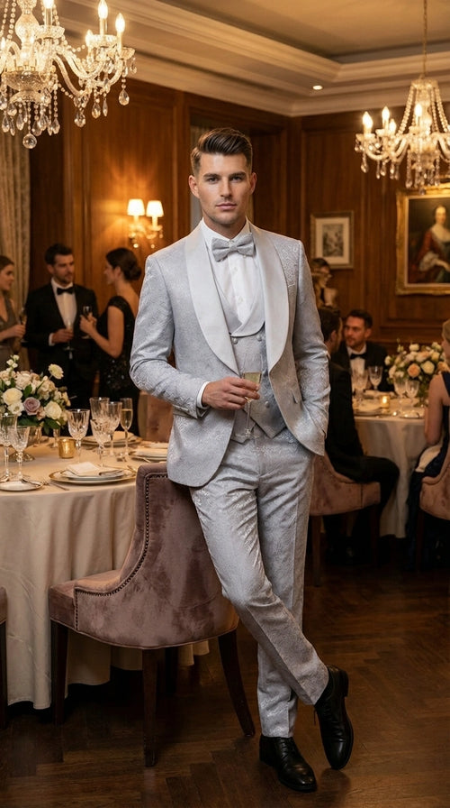Mens Light Silver Wedding Tuxedo Suit β Paisley Fabric Three Piece Formal Suit Set with Shawl Lapel for Groom, Prom, Gala and ice Grey