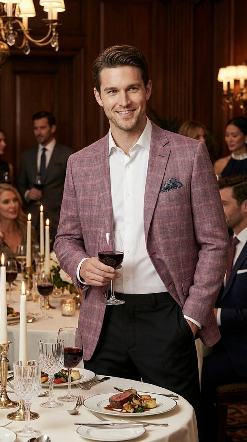 Mens Dusty Rose Mauve Pink with Tint of Blue Plaid Sport Coat Blazer β Classic Check Pattern Casual Blazer Jacket for Business Casual, Wedding