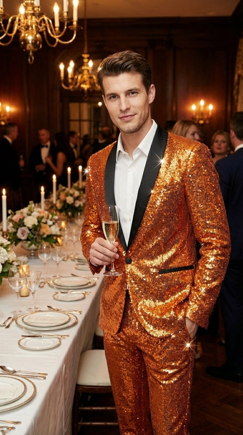 Mens Orange Sequin Tuxedo Suit β Shiny Wedding Suit Set with Black Lapel for Prom, Party, Gala and Formal Evening Wear - Goldish Orange