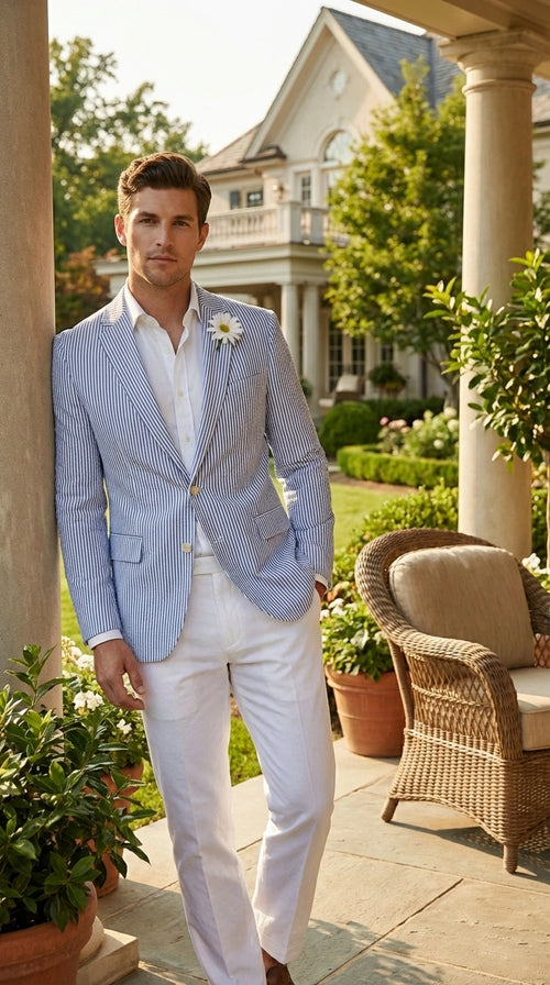 Mens Blue Seersucker Blazer β Lightweight Striped Summer Sport Coat Casual Smart Formal Jacket