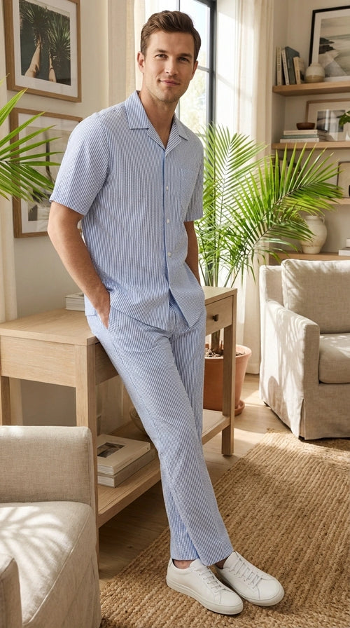Mens Light Blue Seersucker Walking Suit Set β Casual Summer Short Sleeve Outfit with Matching Pants Lightweight Two Piece Set