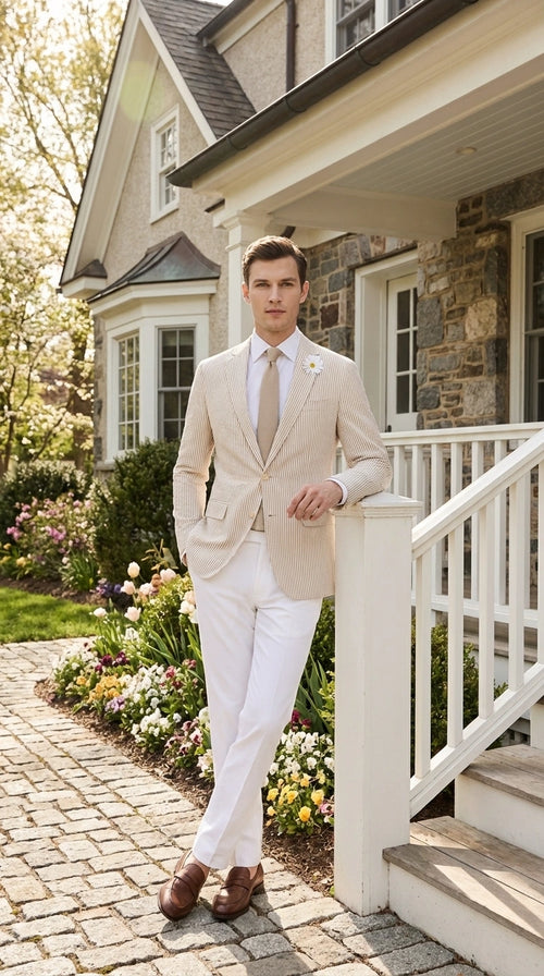 Mens Beige Seersucker Blazer β Lightweight Striped Summer Sport Coat Casual Smart Formal Jacket