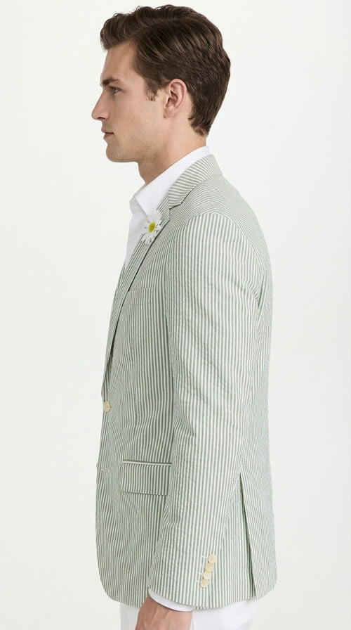Mens Sage Green Seersucker Blazer – Lightweight Striped Summer Sport Coat Casual Smart Formal Jacket