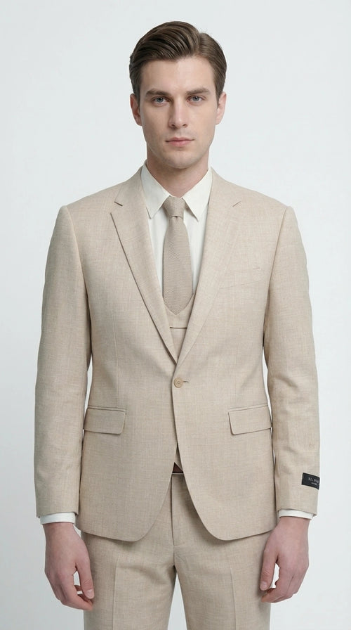 Mens Sand Beige 3 Piece Suit β Double breasted Vest Formal Suit Set and Dress Pants in Champaign Natural Summer Color