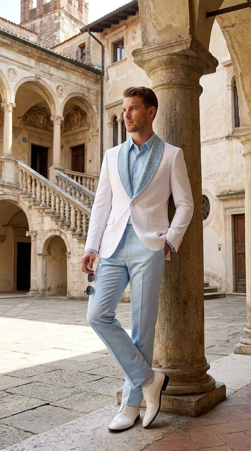 Men’s White & Sky Blue Tuxedo Suit with Embellished Shawl Lapel – Prom & Wedding in light baby poweder blue color