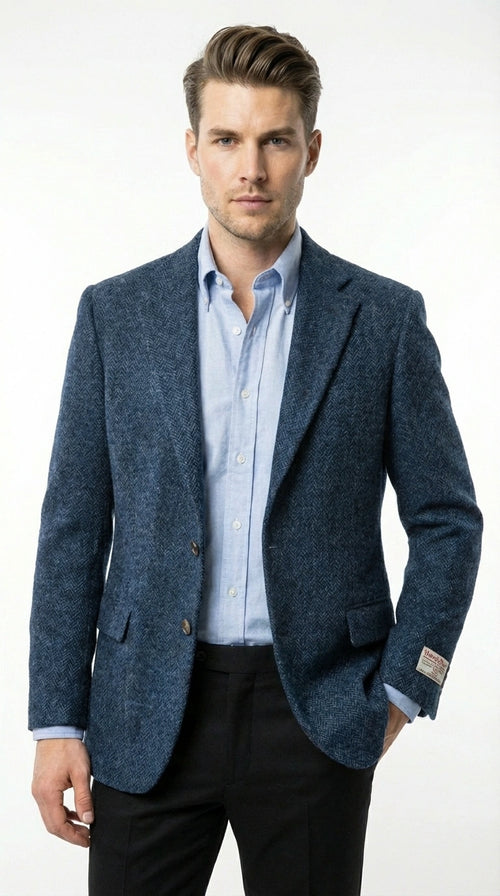 Mens Light Blue Tweed Blazer Sport Coat β Classic Herringbone Jacket Formal Business Casual Smart Outerwear in indigo cobalt blue
