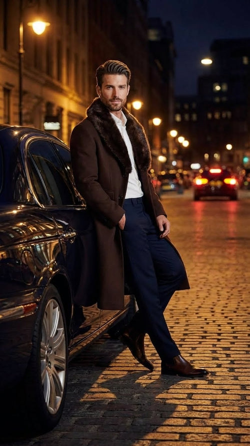 Men’s Brown Long Overcoat with Faux Fur Collar - Classic Winter Formal Coat Three Quarter Carcoat Wool and Cashmere Fabric USA Men's Outlet