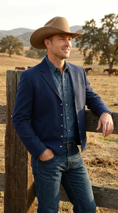 Mens Navy Blue Western Blazer Set β Cowboy Style Jacket and Pants Outfit Classic Country Western Blazer