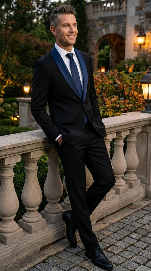 Men’s Black Suit with Navy Blue Lapel – Elegant Formal Tuxedo Style Suit for Wedding, Prom, Party and Evening Wear