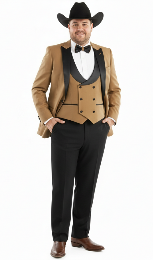 Men’s Western Cowboy Tuxedo - Tan and Black 3-Piece Suit with Satin Lapel and Vest in Mocca Coffee Color USA Men's Outlet