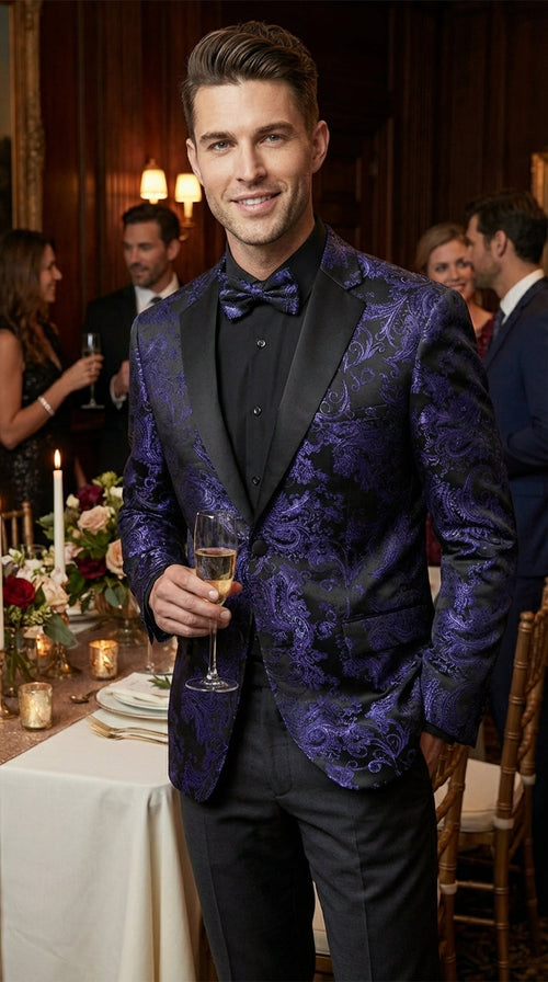 Mens Royal Blue Paisley Jacquard Blazer β Luxury Pattern Tuxedo Dinner Jacket with Black Satin Lapel for Wedding, Prom With Bowtie
