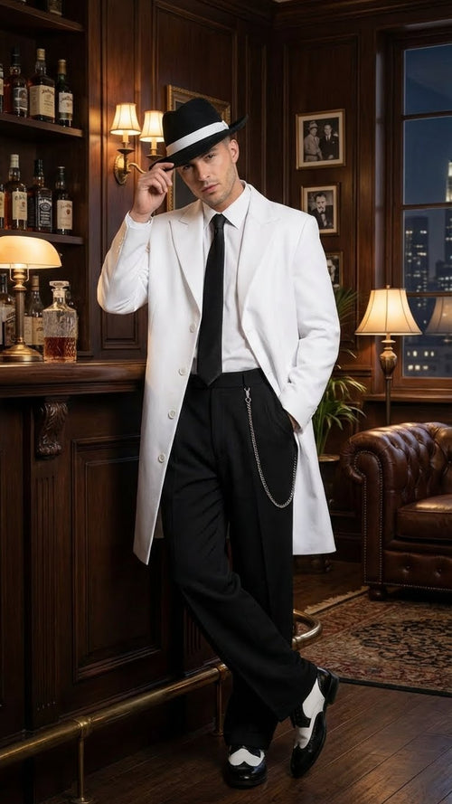 Men’s White Zoot Suit Gangster Style Outfit – White Jacket + Vest + Pants + Shirt & Tie Combo Package