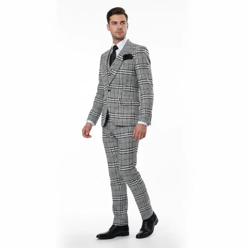 Suits With Baggy Pleated Pants - Wide Leg Pants 100% Wool - Classic Fit in One Button 3 Piece Suit by Rossiman by USA Men's Outlet