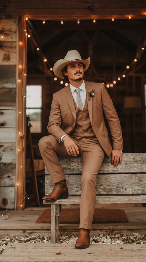 Mens Camel Brown Copper Western 3 Piece Suit β Classic Country Style Blazer Vest Pants Set, Formal Cowboy Suit Outfit