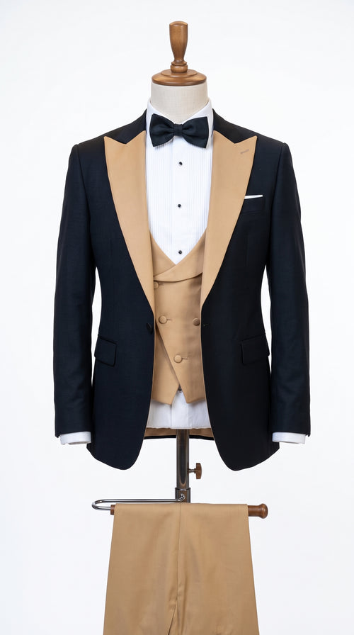 Men's Western Khaki Cowboy Tuxedo Suit ā Black & Tan Beige Peak Lapel 3-Piece Vested Formal Cowboy Suit