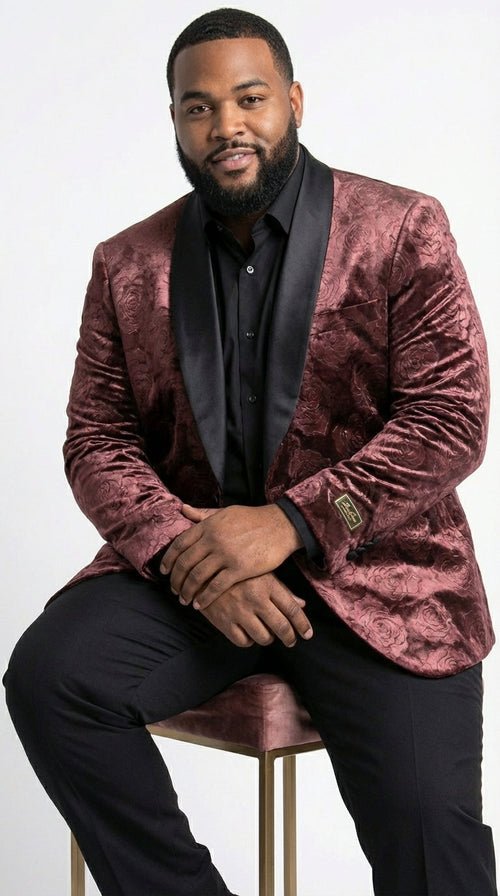 Mens Rust Copper Brick color Floral Jacquard Pasiley Blazer β Pattern Dinner Jacket with Black Shawl Lapel for Formal dinners and Wedding