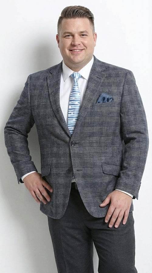 Mens Charcoal Gray with Blue Plaid Pattern Blazer Jacket β Classic Check Pattern Sport Coat for Business, Office, and Smart Casual Wear