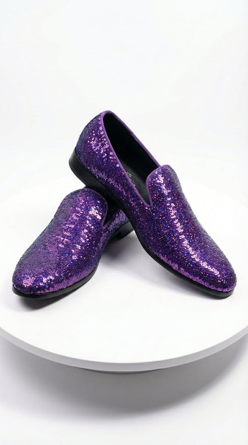Mens Purple Sequin Dress Shoes Slip on – Luxury Slip On Formal Loafers Wedding Prom Party Designer Footwear