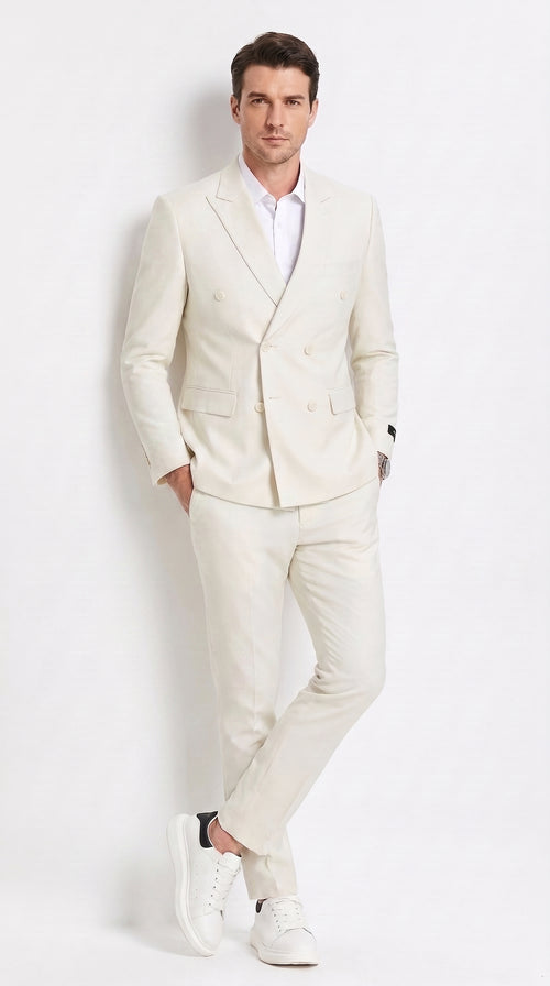 Men’s Ivory Cream Double-Breasted Linen Suit – Off-White Summer Wedding Slim Fitted 2-Piece Suit Cream Color