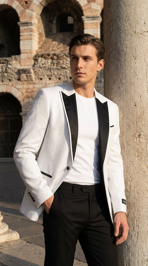 Men's White Sparkle Dinner Jacket β Black Satin Shawl Lapel Tuxedo Blazer Slim Fit Sequin Shiny Prom Jacket