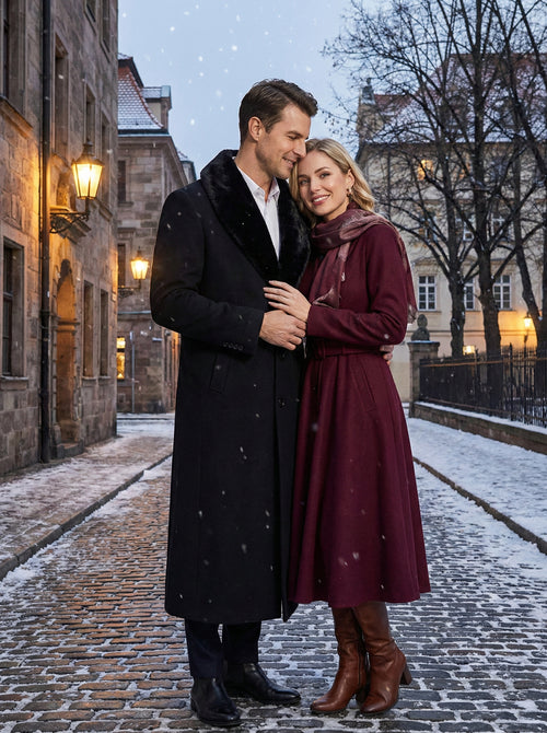 Men’s Black Long Overcoat with Faux Fur Collar, Full Length Winter Topcoat for Formal and Business Wear