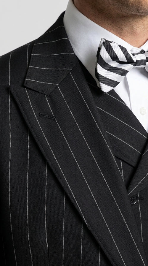 Men’s Black Pinstripe 3-Piece Suit Wool Suit – Classic Fit Single Button Suit with Wide Leg Pleated Pants By Tiglio Russo