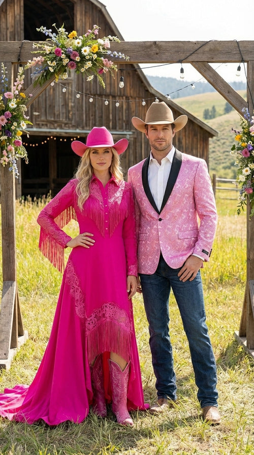 Mens Hot Pink Paisley Western Blazer Jacket β Stylish Pattern Formal Blazer with Black Shawl Lapel for Party, Wedding Cowboy Sportcoat