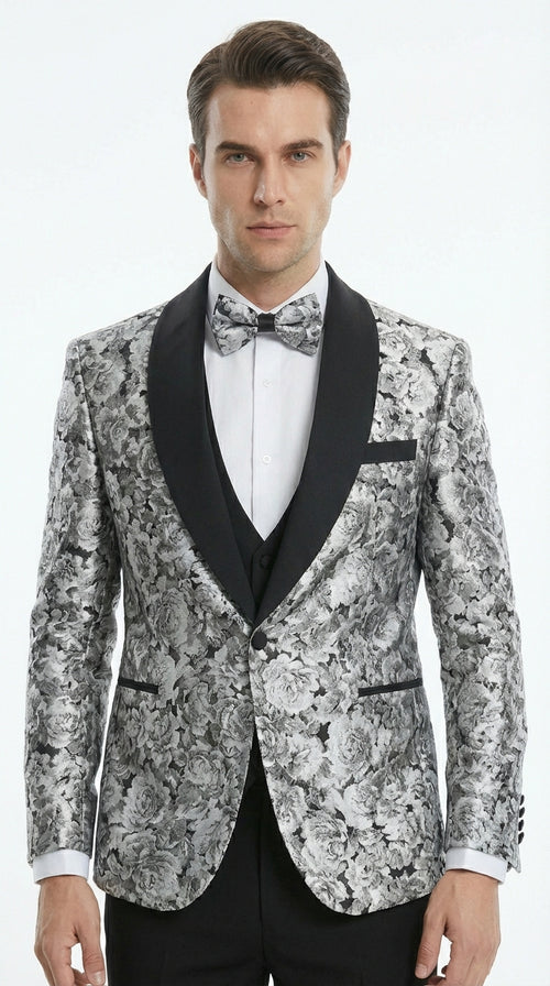 Mens Black and Silver Floral Tuxedo β Luxury Patterned Wedding, Prom and Formal Dinner Tuxedo