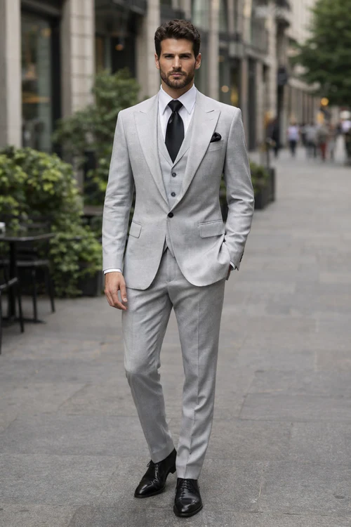 Suits With Baggy Pleated Pants - Wide Leg Pants 100% Wool - Classic Fit in Grey One Button 3 Piece Suit by Rossiman USA Men's Outlet