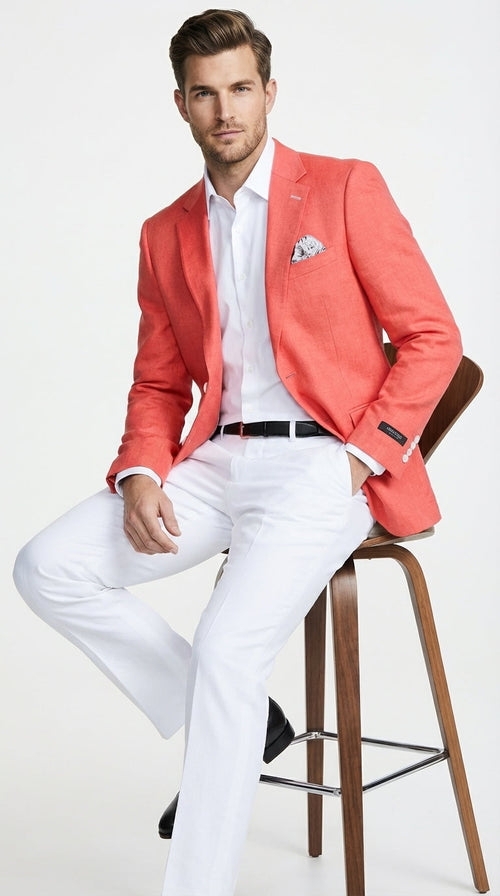 Mens Coral Linen Blazer Sport Coat – Lightweight Summer Linen Jacket for Wedding, Beach Events, Business Casual in Salmon Color