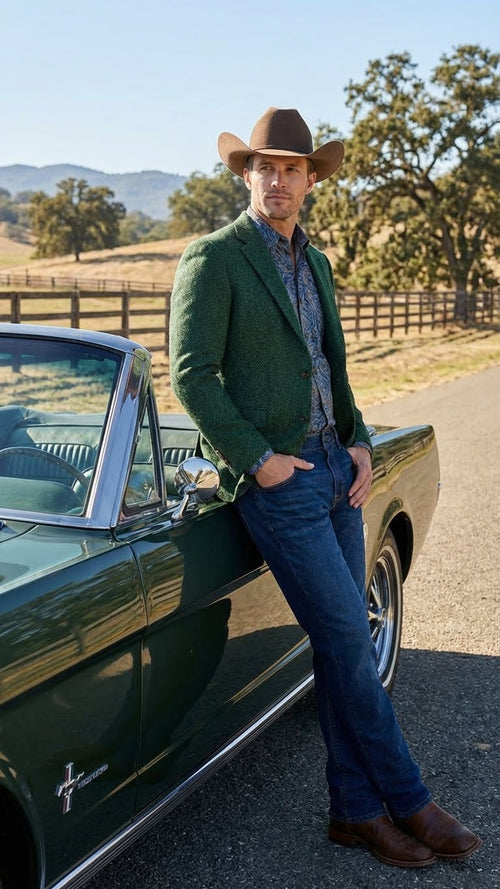 Men’s Green Western Blazer Jacket – Classic Cowboy Style Sport Coat for Wedding, Party and Formal Events