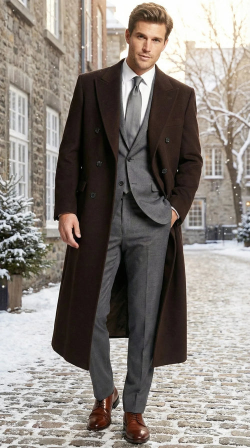 Menās Brown Long Overcoat ā Double Breasted Classic Formal Winter Coat for Business, Topcoat and Cold Weather Wear