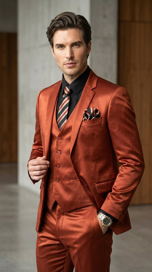 Menās Rust Copper Coganc Shiny Sateen 3 Piece Suit, Vested Formal Wedding Prom Suit Set Ultra Slim Fit