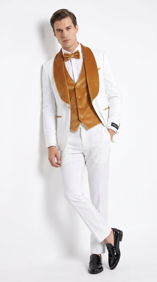 Men's White & Gold Tuxedo β Velvet Shawl Lapel 3 Piece Wedding & Prom Suit