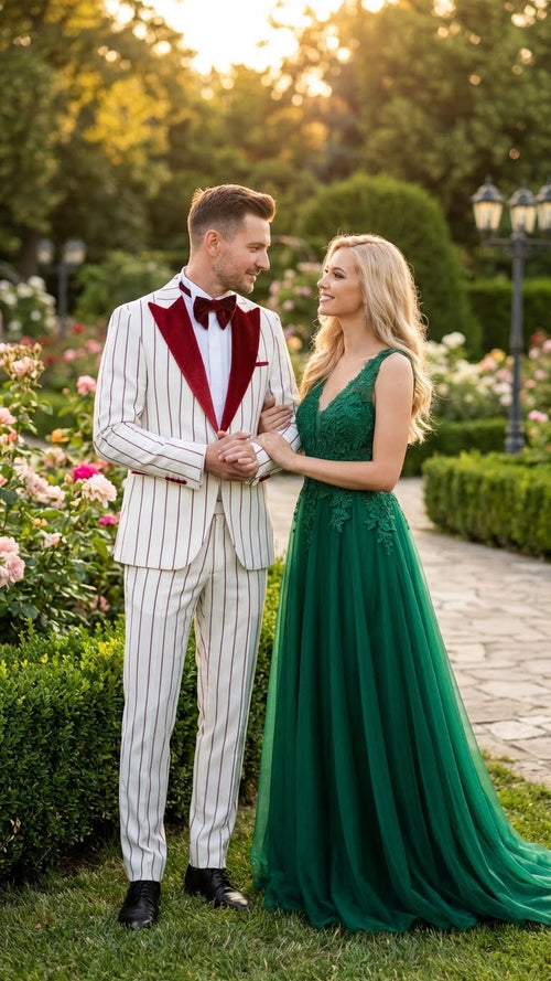 Men’s White and Dark Red Pinstripe Tuxedo with Velvet Shawl Lapel - Formal Dinner Blazer Prom Christmas New Year Holiday Suit by USA Men's Outlet