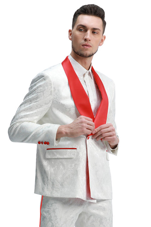 Men's Slim Fit Double Breasted Paisley Smoking Jacket in White & Red