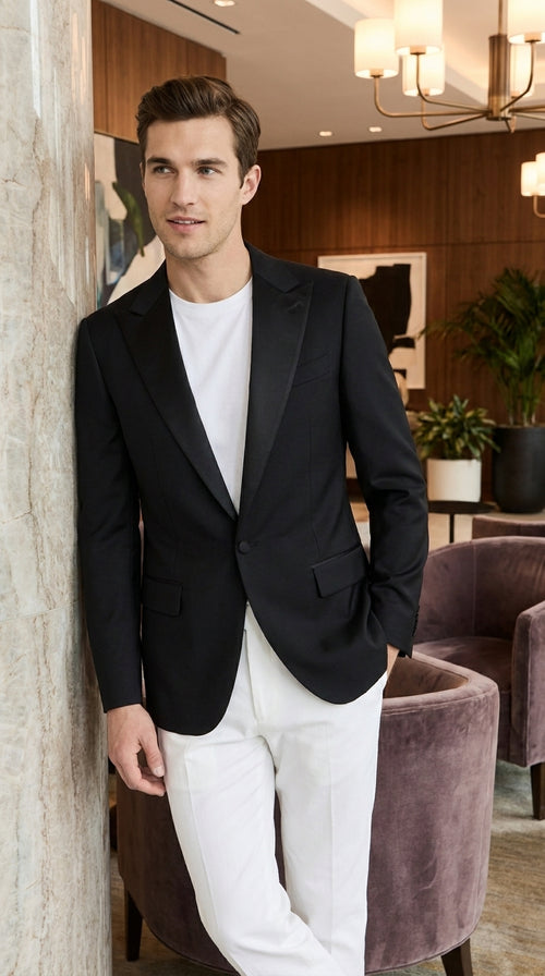 Men’s Classic Black Dinner Jacket – Satin Peak Lapel Formal Tuxedo Blazer