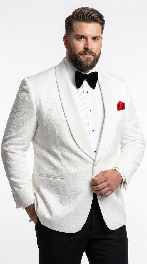 Men’s White Floral Tuxedo Jacket – Shawl Lapel Wedding & Prom Dinner Jacket