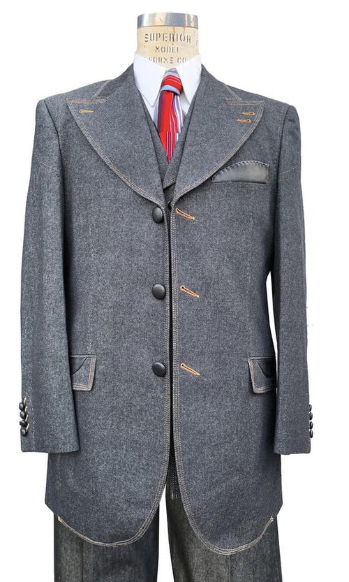 Denim Suit - Cotton Fabric Vested Suit - 3 Pieces Suit - Vested Fancy Black Suit - Men's Tuxedo USA