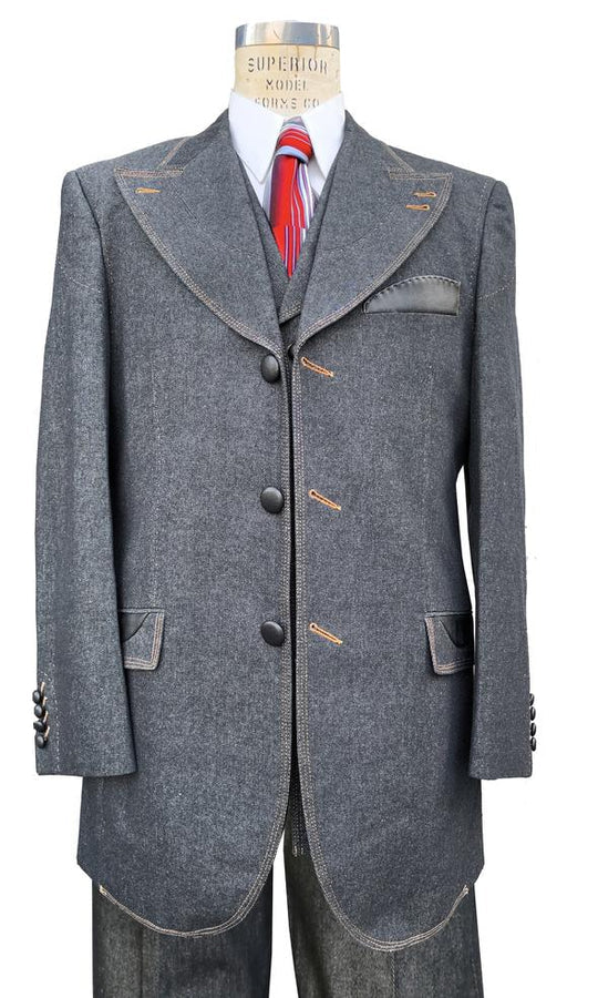 Denim Suit - Cotton Fabric Vested Suit - 3 Pieces Suit - Vested Fancy Black Suit - Men's Tuxedo USA