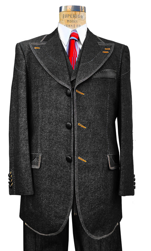 Denim Suit - Cotton Fabric Vested Suit - 3 Pieces Suit - Vested Fancy Black Suit - Men's Tuxedo USA