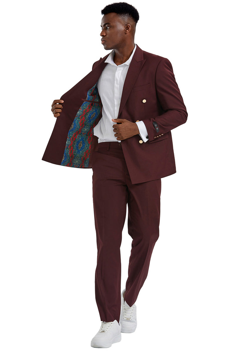 Men's Burgundy Double Breasted Suit by Tazio Suits