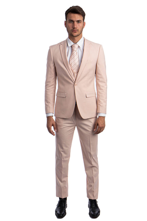 Men's Blush Pink One Button Peak Lapel Suit with Vested Look